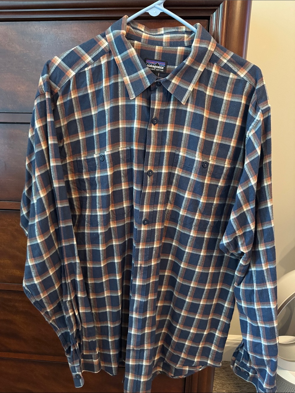 Patagonia Men's Navy Blue and Brown Plaid Button-Down Shirt